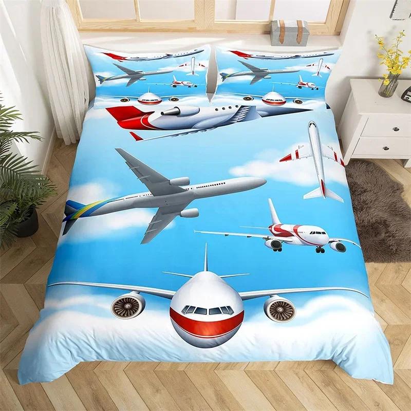 3D Airplane Duvet Cover King Aircraft Transportation Bedding Set Microfiber Globe Comforter Cover Helicopter Decor Quilt Cover