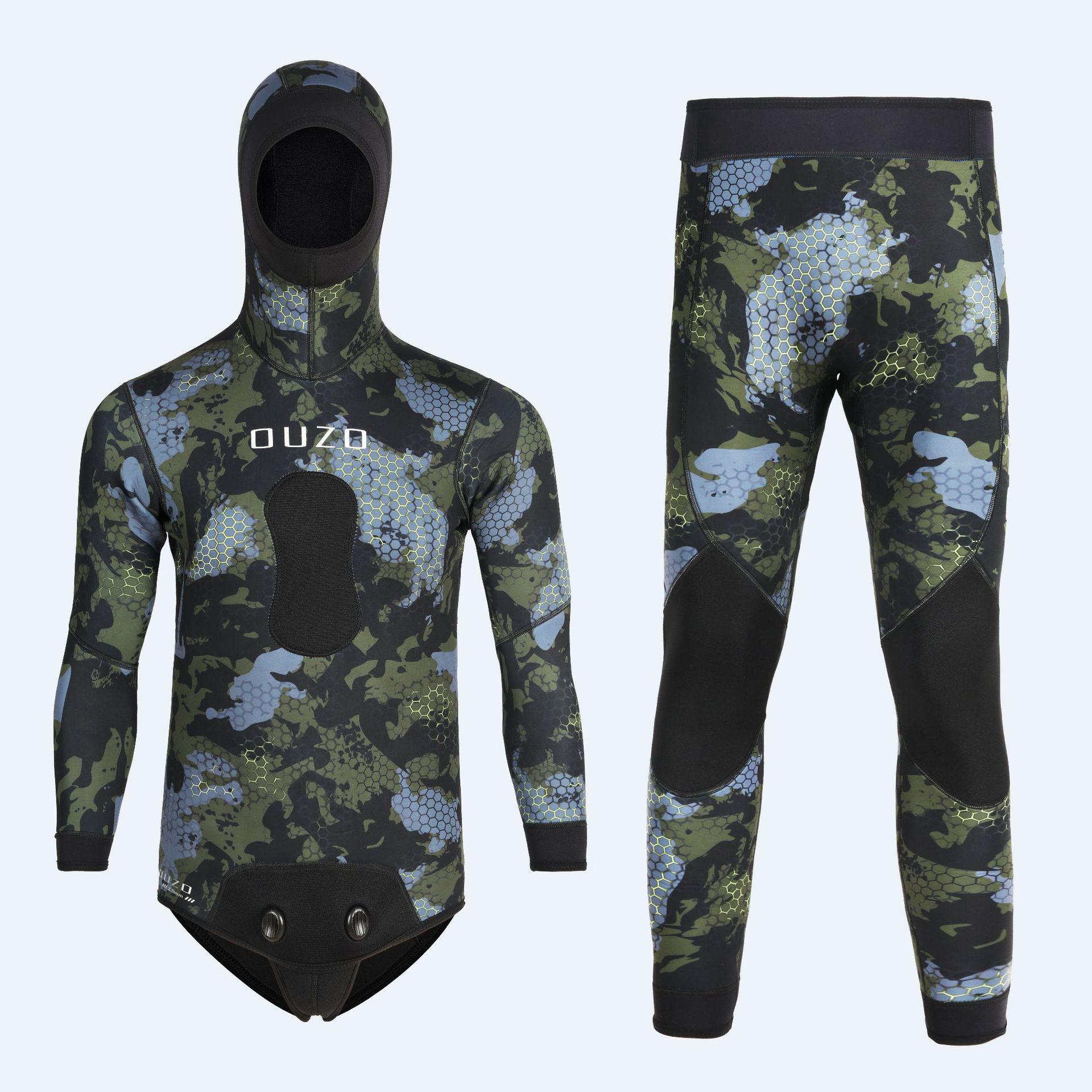 

5mm Camouflage Two-Piece Wetsuit with Hood - Cold-Proof for Spearfishing, Deep Diving & Winter Swimming. M