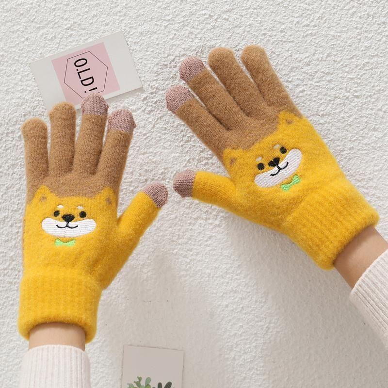 

Women Winter Keep Warm Touch Screen Cartoon Shiba Inu Dog Embroidery Elasticity Soft Knitted Gloves Cute Lovely Sweety жёлтый