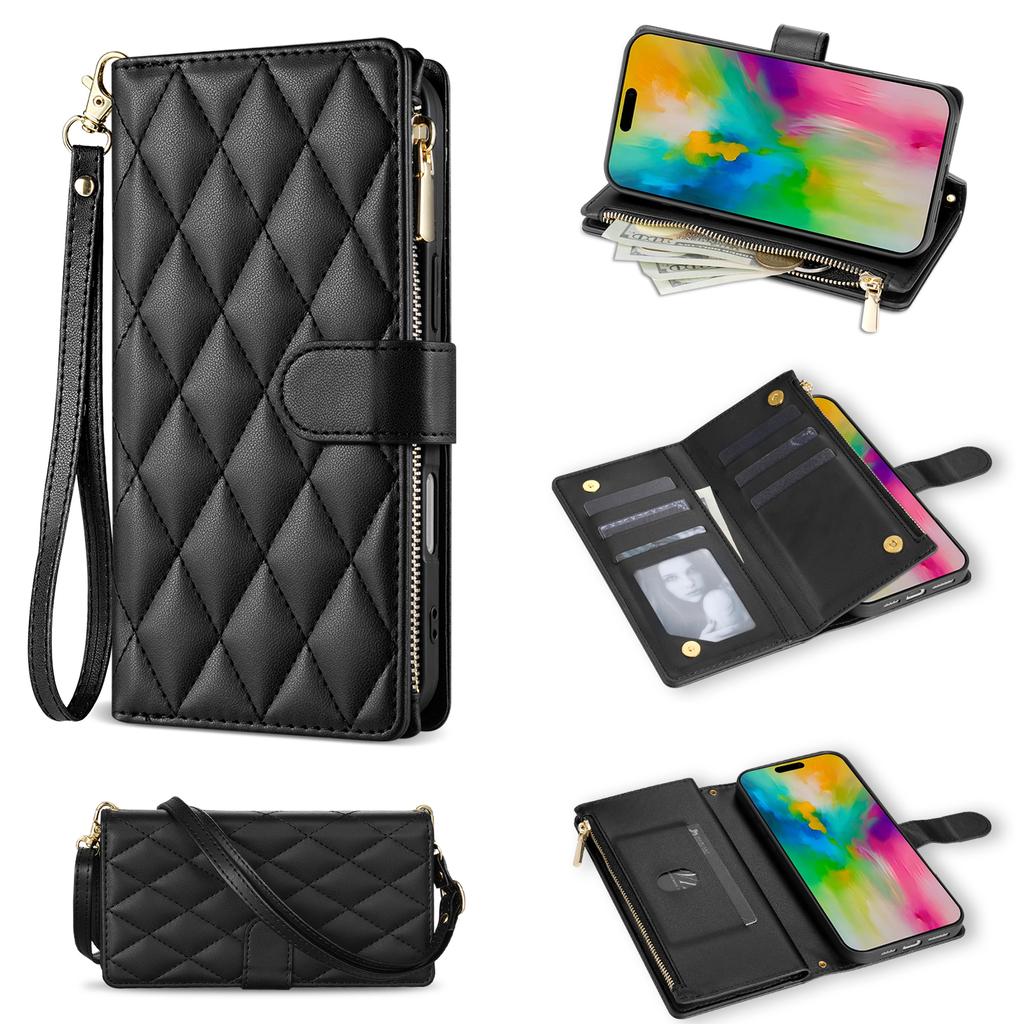 For iPhone 17 Air Case Rhombus Stitching Leather Wallet Phone Cover with Long/Short Strap