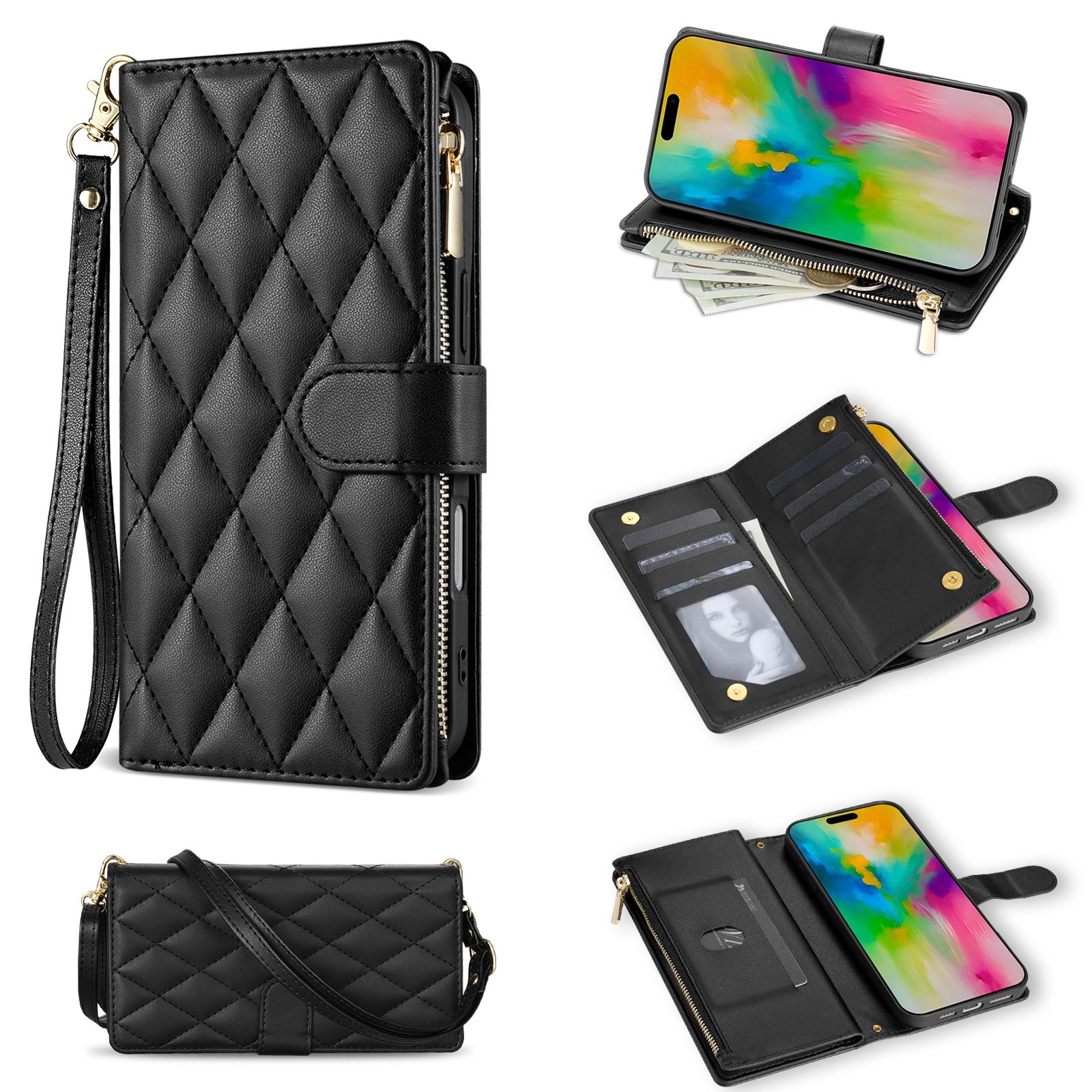 

For iPhone 16 Pro Max Case Rhombus Stitching Leather Wallet Phone Cover with Long/Short Strap Black