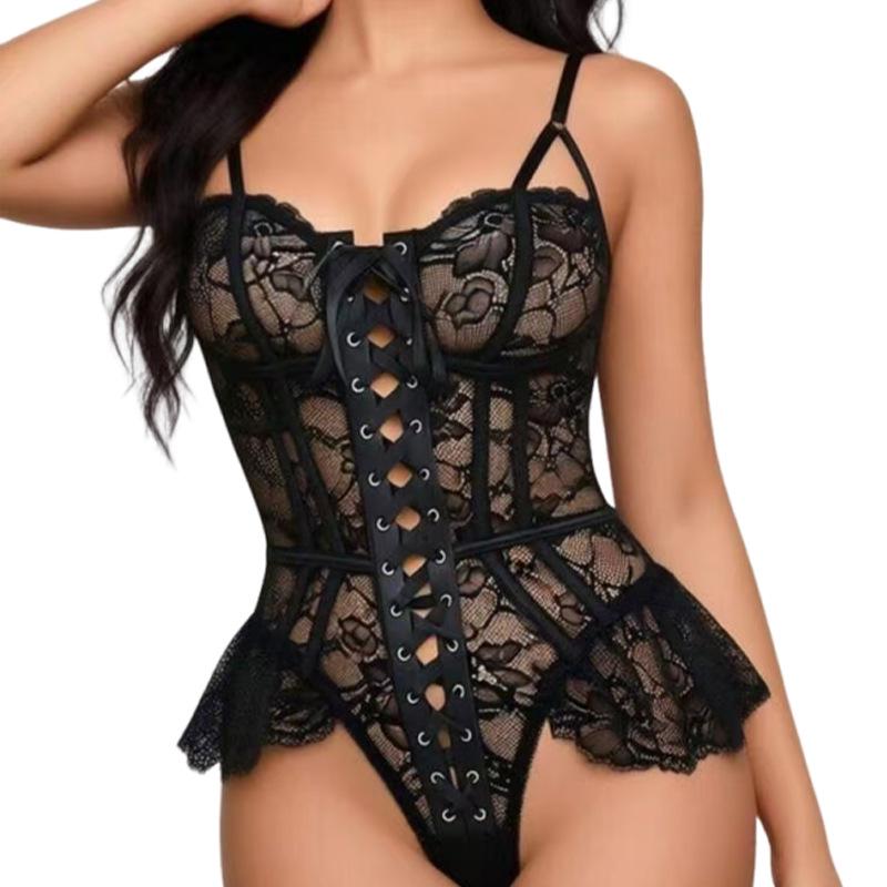 European-Style Women's Black Lace Strappy Bodysuit Lingerie Set