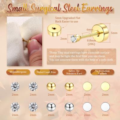 18 Pares Brincos Stud Aço Cirúrgico Banhado a Ouro 14K Rosca Base Reta Pequenos Conjuntos de Brincos para Cartilagem para Múltiplos Piercings 2mm