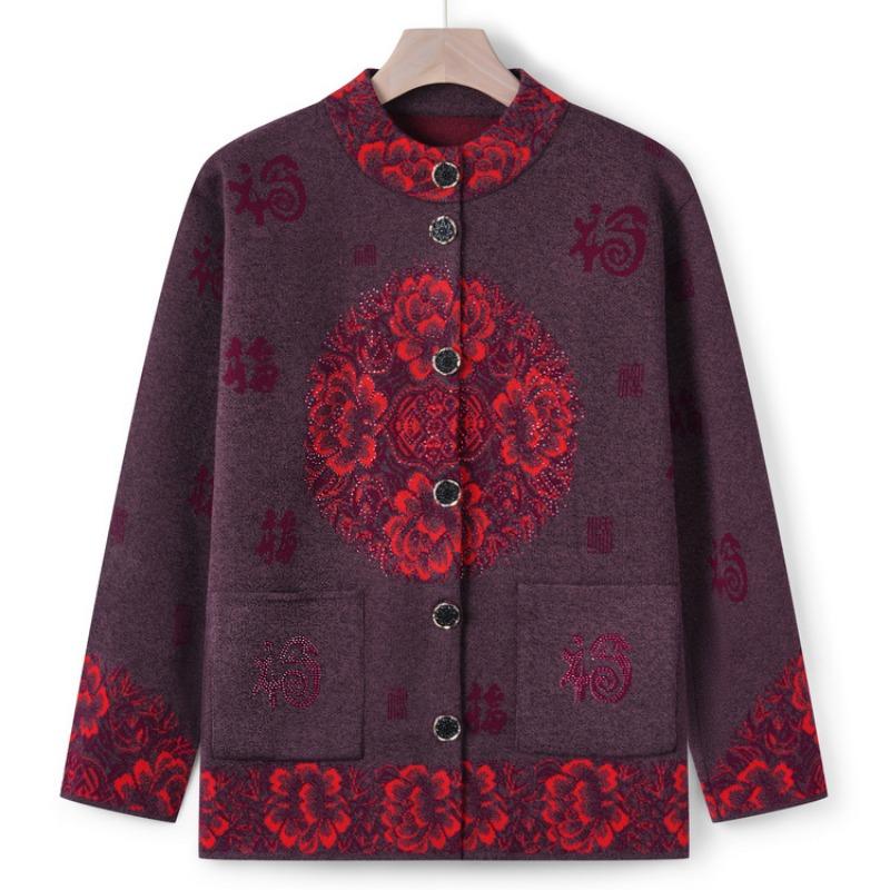 Grandma's autumn new Tang-style knitted sweater jacket, middle-aged women's elderly mother's autumn and winter cardigan, Fu-shaped sweater