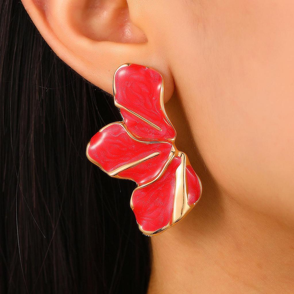 Colorful Drip Oil Flower Stud Earrings - Simple Double-Layer Petal Design for Women, Perfect for Spring and Summer
