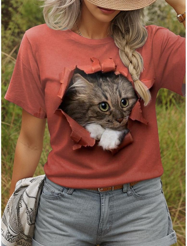 Süße Kätzchen T-Shirts Kawaii Katze 3D-Druck Sommer Damen Rundhals Kurzarm T-Shirt Harajuku Tees Y2k Tops Damenbekleidung