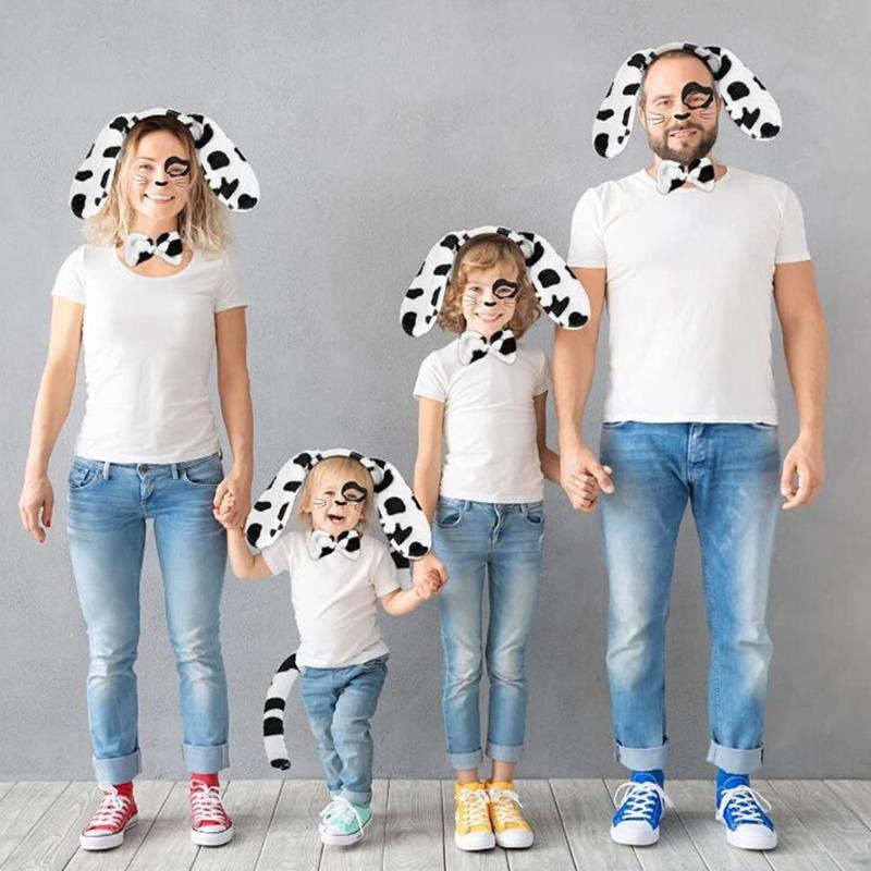3pcs Cartoon Plush Spotted Dog Ear Shape Headband & Tail & Bowtie Costume Set for Easter Party Carnival Funny Dress