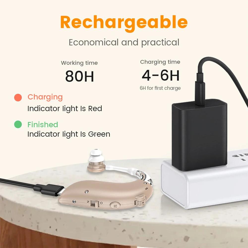 Portable Rechargeable Hearing Aids for Seniors BTE Digital Sound Amplifier with Noise Cancelling Lightweight Comfort