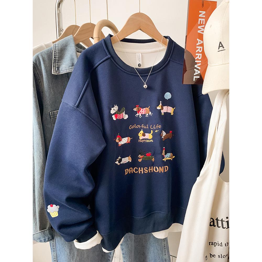 Damen Besticktes Graues Sweatshirt, Herbst/Winter 2025, Locker Geschnitten Übergröße, Petite Oberbekleidung Top