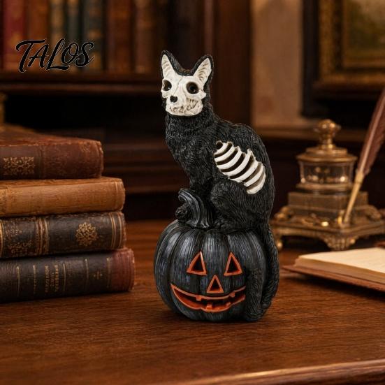 Halloween Showcase Decoration Skull Black Cat Pumpkin Figurine, Gothic Statue with Hollow Ribs, Non-peeling Paint Ornament Spooky for Desktop Outdoor