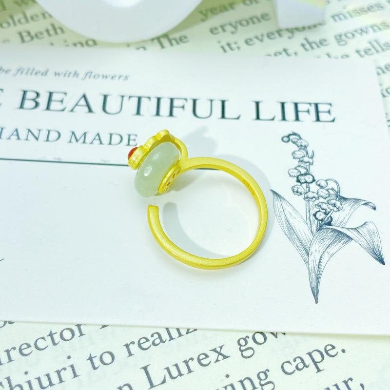S925 Sterling Silver Hetian Jade Adjustable Ring with Auspicious Cloud Design