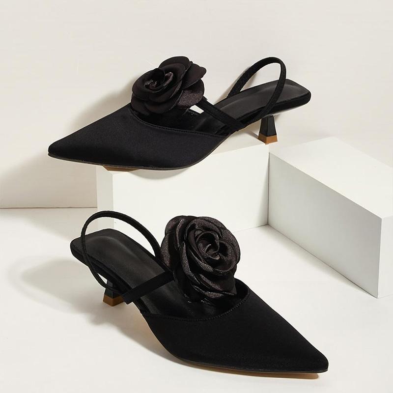 

Модные босоножки на каблуках, летние женские туфли на каблуках, красные ленточные цветы, свадебные туфли для невесты, сексуальные туфли на шпильках с острым носком, туфли на каблуках для вечеринок 35 чёрный