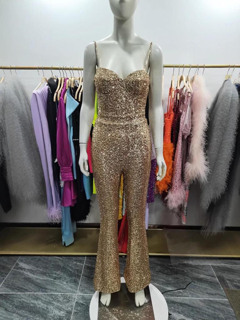 Elegant Sequin Waist-Cinching Spaghetti Strap Jumpsuit