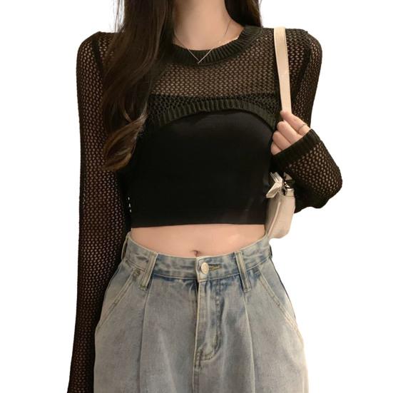 

Женская солнцезащитная полая тонкая прозрачная рубашка с длинными рукавами и защитой от ультрафиолета, с открытой талией, летняя осень, короткая трикотажная короткая блузка с круглым вырезом чёрный