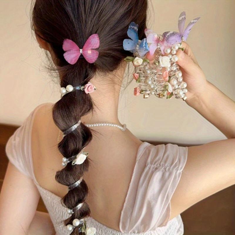 4pcs Vintage Butterfly Telephone Cord Hair Ties for Women - High Elasticity, No Crease Spiral Ponytail Holders with Flowers