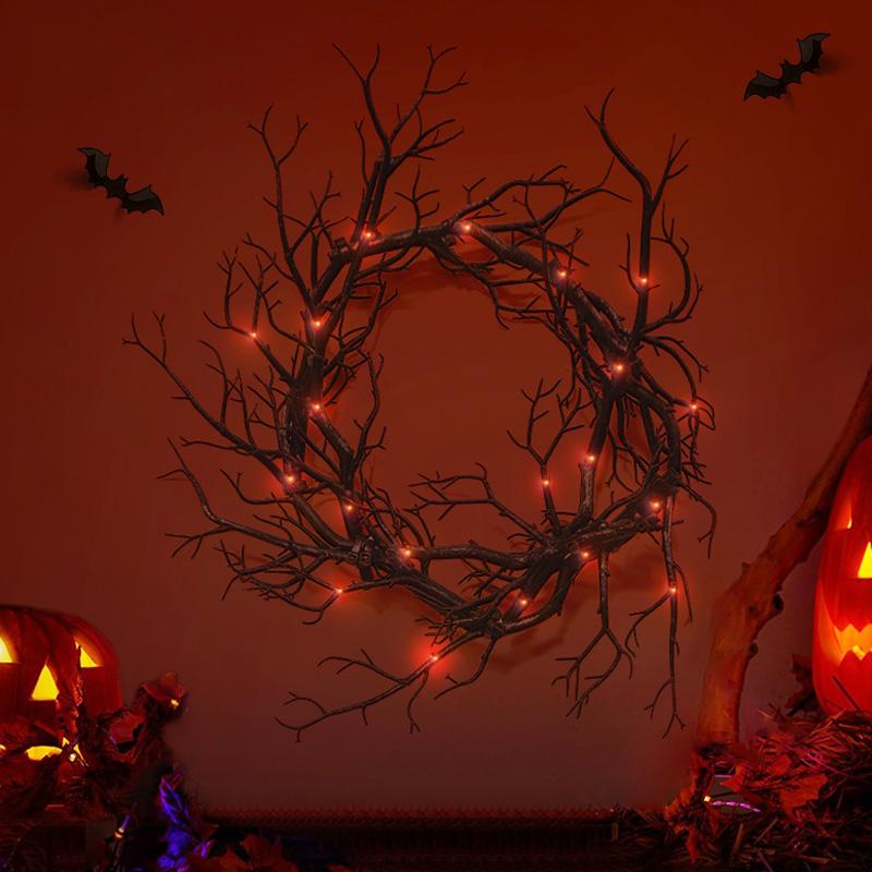 

Halloween Decoration Black Wreath with Red Purple Lights Halloween Fall Wreaths for Front Door with LED Halloween Wreath Gifts