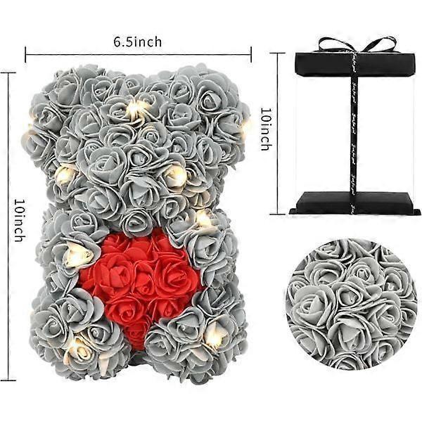 Valentine's Day, rose bear handmade rose teddy bear rose teddy bear - Gift for Valentine's Day, Mother's Day, transparent gift box (gray)