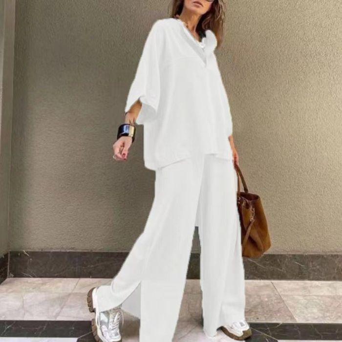 Women's Solid Color Simple Loose Two-piece Casual Wide-leg Trousers Suit for Women