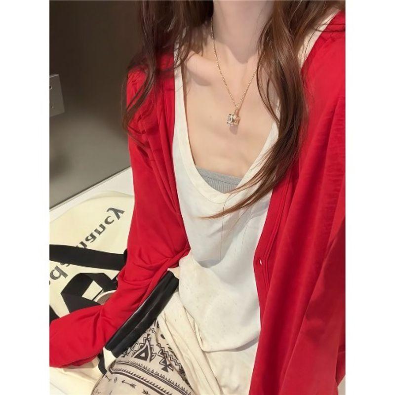 

Kumikumi Idle Style Sun Protection Cardigan Women s Bandage Dress Vest Beauty Back Autumn Loose Casual Pants Four-Piece Set Grey beautiful back with chest pad L