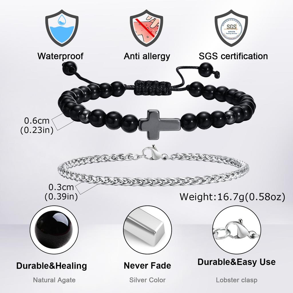 Vnox Men's Stainless Steel Cross Charm Bracelet, Adjustable Black Agate Bead Wristband, Birthday Party Jewelry Gift for Him