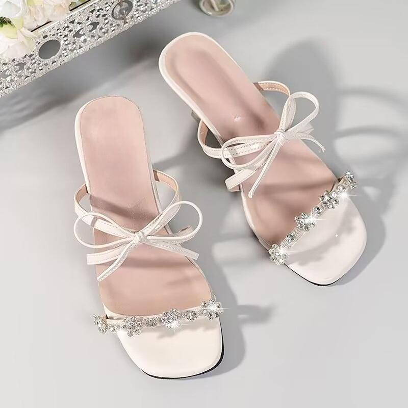 

Стразы Высокий каблук Крутой Драг Женская Уличная Обувь Лето Новый Квадратный Носок Открытый Носок Бант Универсальные Босоножки-стилетто 40