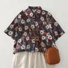 DIMANAF 2026 Summer New Plus Size Women Vintage Floral Print Shirt Loose Fit Short Sleeve Cotton Blouse