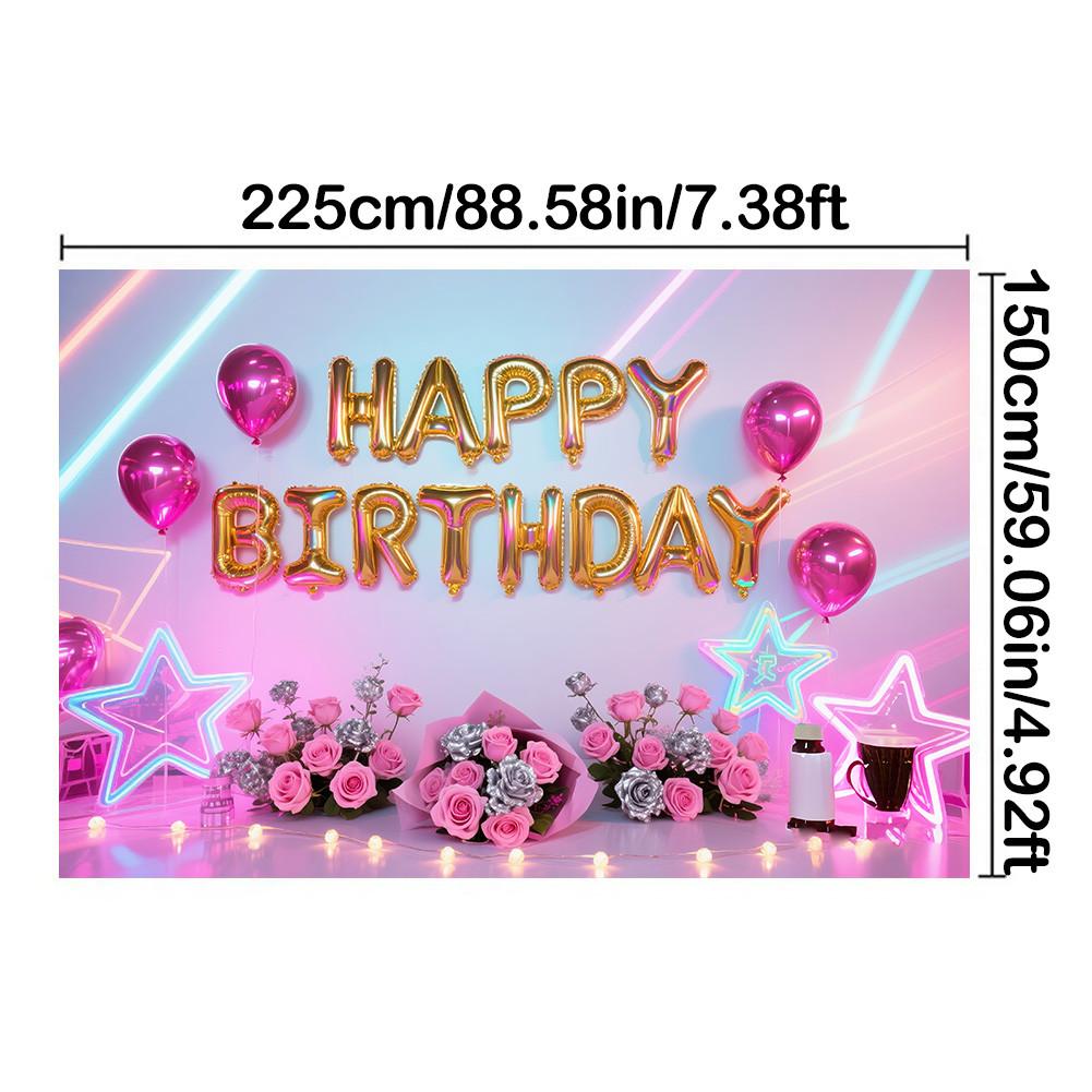 Balloons,Flowers,Stars Theme-Happy Birthday Backdrop Polyester for Photo Booth,Party Event,Indoor/Outdoor Celebrations