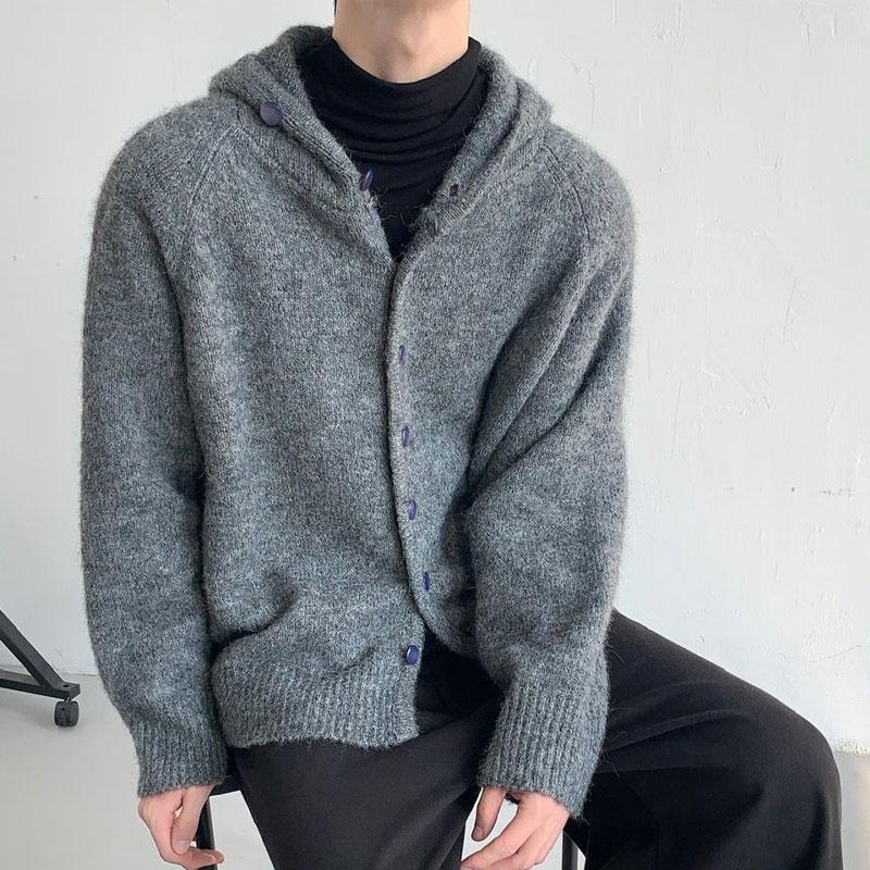 Осенний Зимний Повседневный Вязаный Кардиган с Капюшоном Модный Однобортный Мужская Одежда Базовый Однотонный Свободный Винтажный Свитер Новый M серый 4460₽