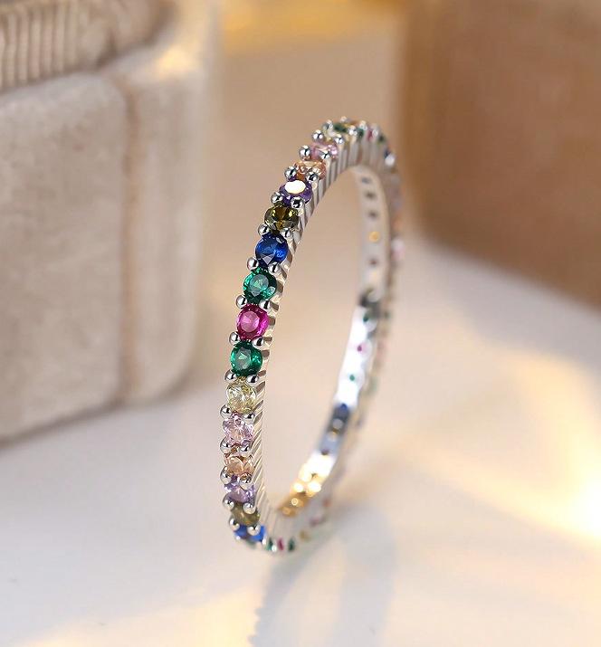 Cute Female Small Rainbow Round Zircon Stone Ring Trendy Silver Color Bride Wedding Jewelry Gift for Women