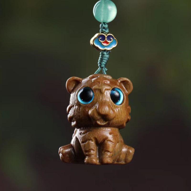 Green Sandalwood Tiger Pendant Phone Chain & Purple Sandalwood Bag Charm Keychain 3*2.6*2.1cm