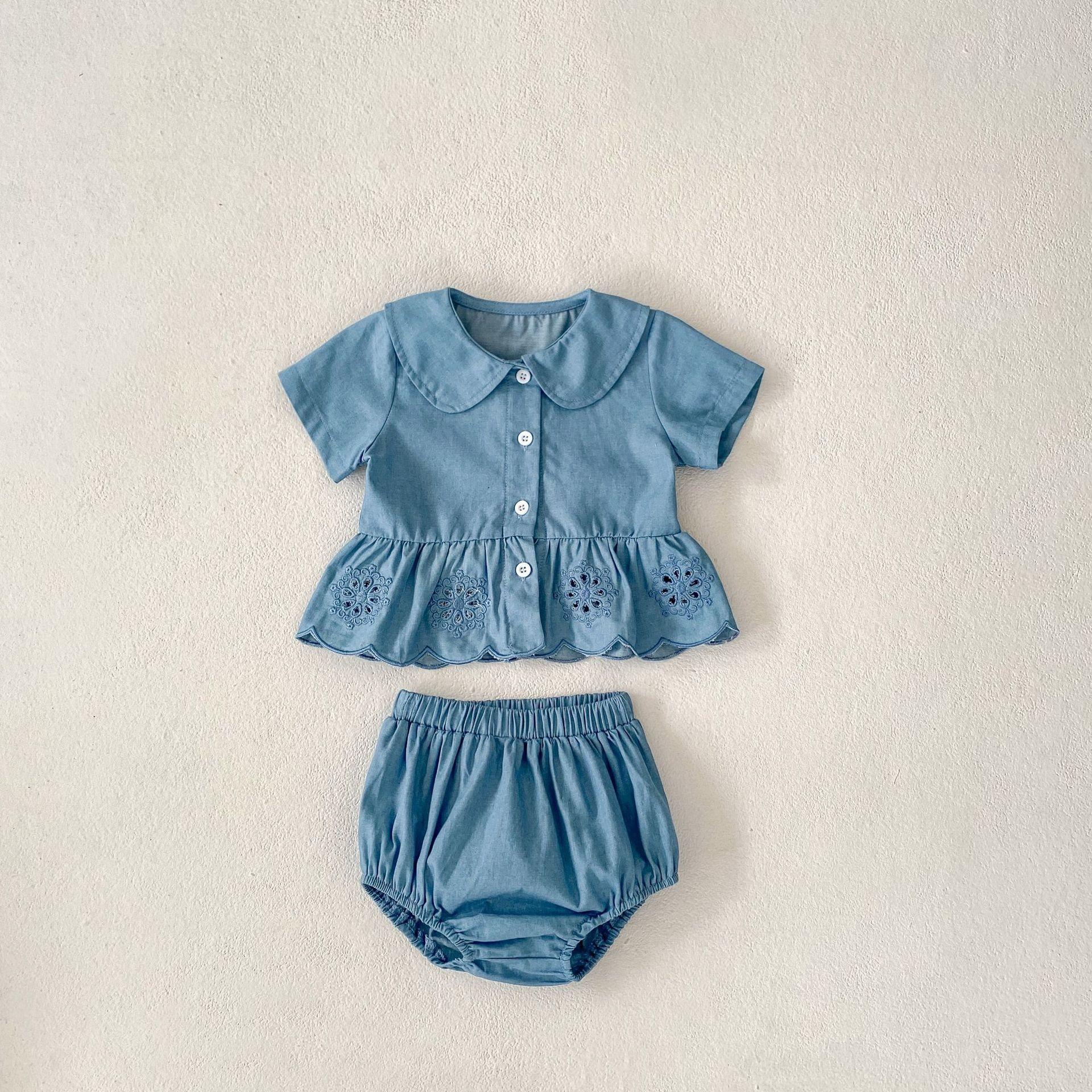 

2024 милые джинсовые комплекты одежды для маленьких девочек, милая одежда с отложным воротником, верх + низ, короткая одежда с короткими рукавами для малышей 66