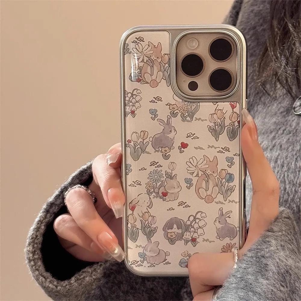 

Retro Flowers Rabbit Electroplating Drip Glue Phone Case For iPhone 17Air 16 15 14 13 12 11 Pro Max Plus Anti-fall Cover iPhone 15