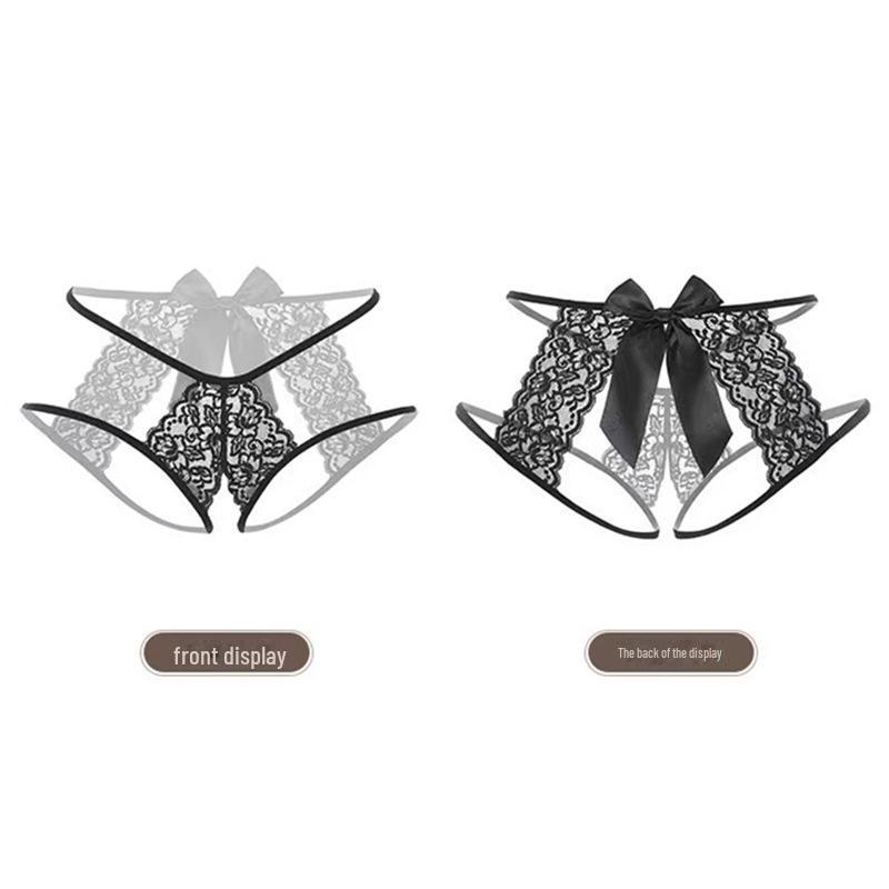 Open Crotch Lace Thong - See-Through, Low Waist, Sexy, Large Size, Bow Detail.