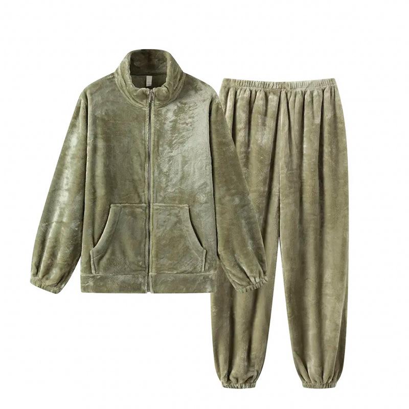 320G Flanell Pyjama Damen Matcha Grün Reißverschluss Herbst und Winter Verdickt Korallenfleece Warm Loungewear Set