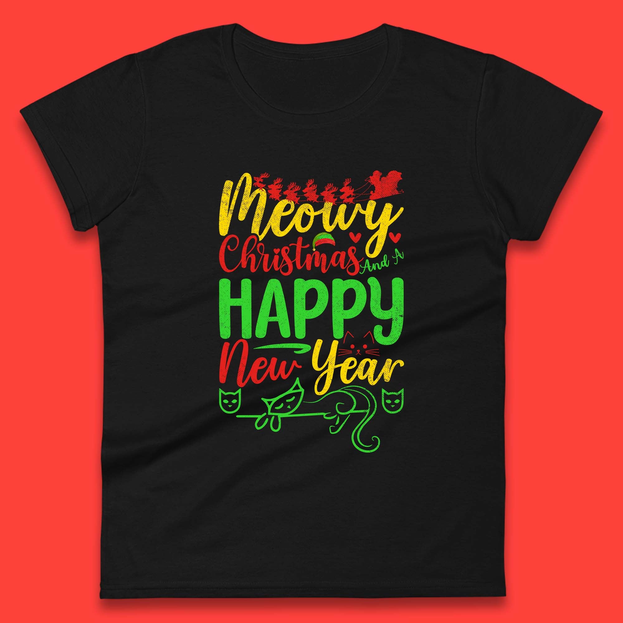 Meowy Christmas And A Happy New Year Womens T Shirt Mens Tops Tees Unisex Christmas Cat Top 3XL