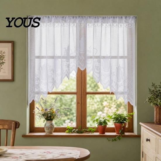 Retro Lace Curtain Half Curtain, Adjustable Lift Structure, Embroidery Floral Sheer Coffee Dustproof Window Screen