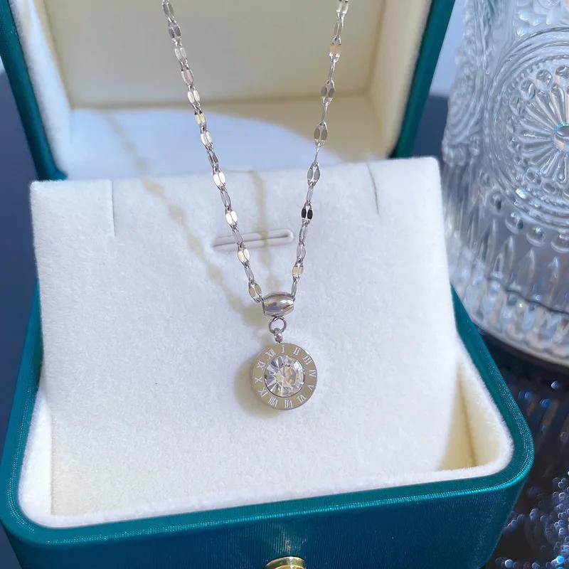 Gold Stainless Steel Roman Digital Wafer Pendant Necklace for Women Charm Chain of Clavicle Jewelry Accessory