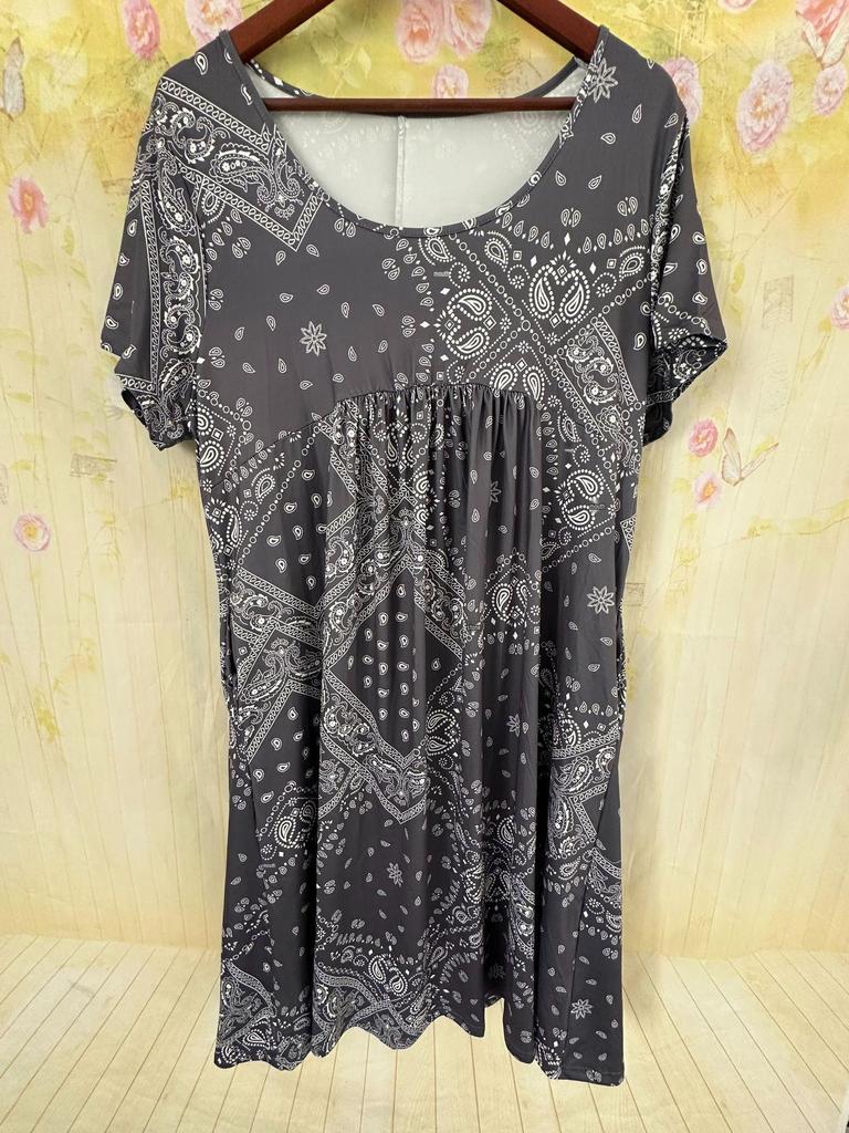 Europäisches & Amerikanisches Sommer Retro Print Mittelhoher Taillenlanger Kleid - Kurzarm, Rundhalsausschnitt, Bequemer Lässiger Stil Pullover