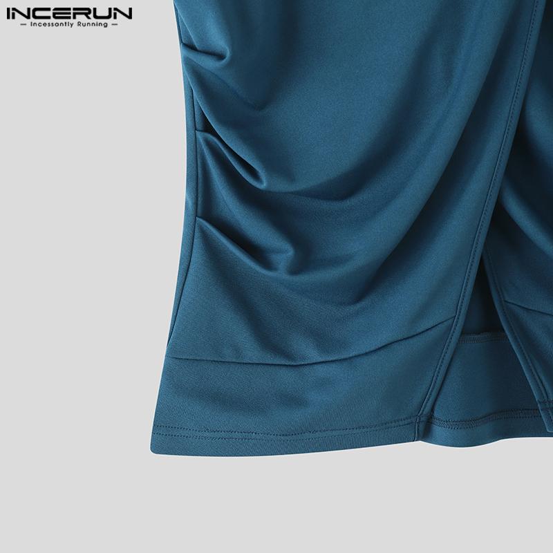 INCERUN Summer Men Short Sleeve Cutout Front Cross Splits Casual Slim T-shirts