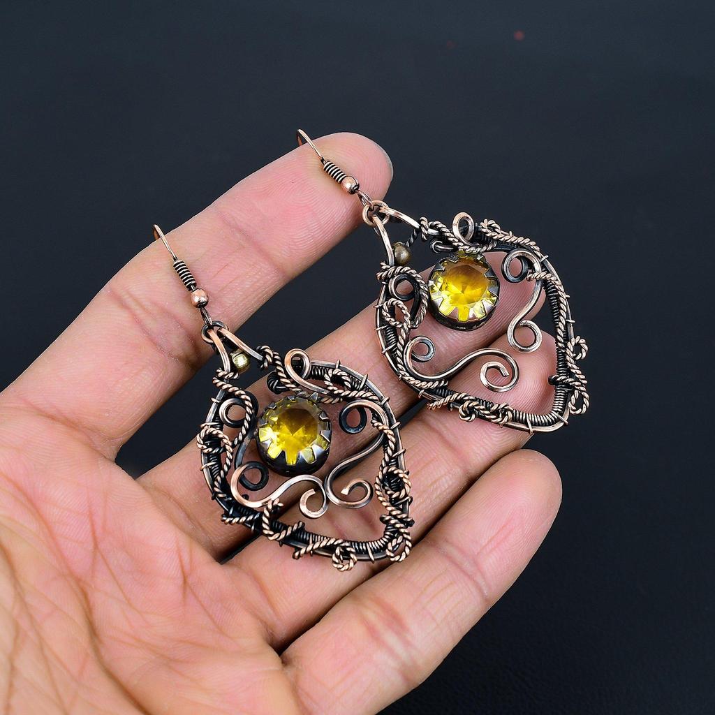 Citrine 999 Copper Wire Wrapped Earrings, Handmade Gemstone Jewelry Earrings For Memorial Day