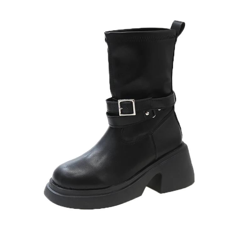 

мода Женская обувь 2024 Модные женские сапоги до середины икры на платформе Современные сапоги Женские швейные поясные пряжки Туфли на квадратном каблуке Женские 40 чёрный