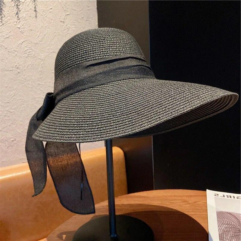 Large Bow Summer Straw Hat Women Wide Brim Panama Beach Cap Portable Foldable Travel Female Sunshade Hat