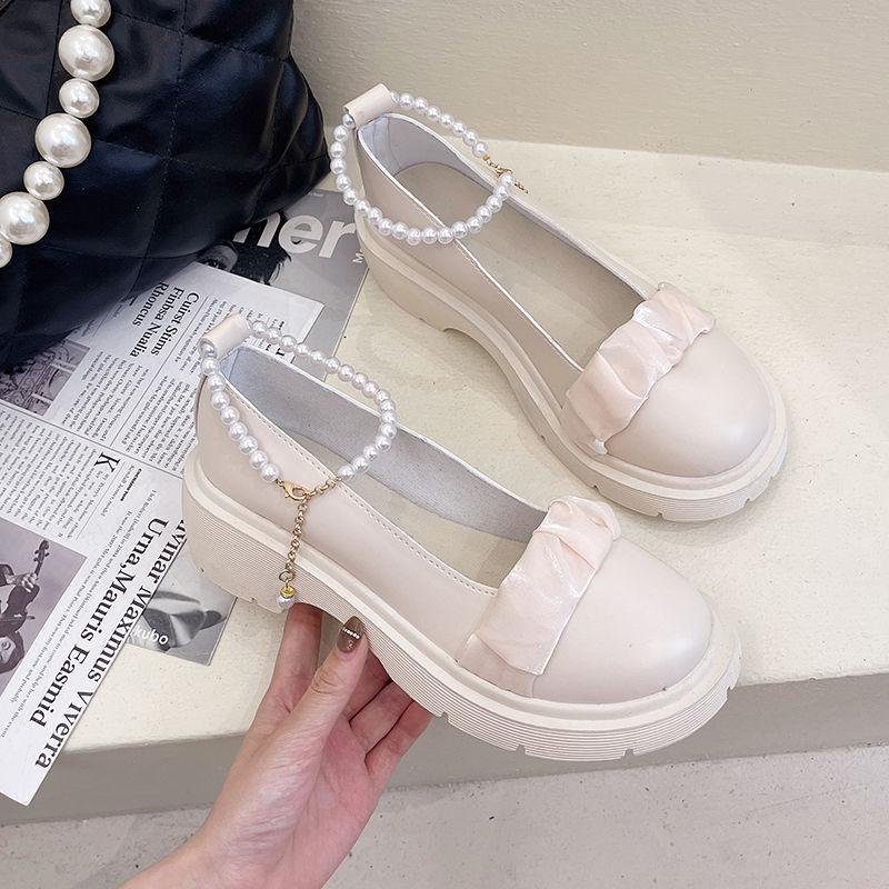 

Французские туфли Мэри Джейн, весна-лето 2024, новые элегантные модные туфли с жемчугом, универсальные, на толстом каблуке, с толстой подошвой, высокие каблуки для женщин 40