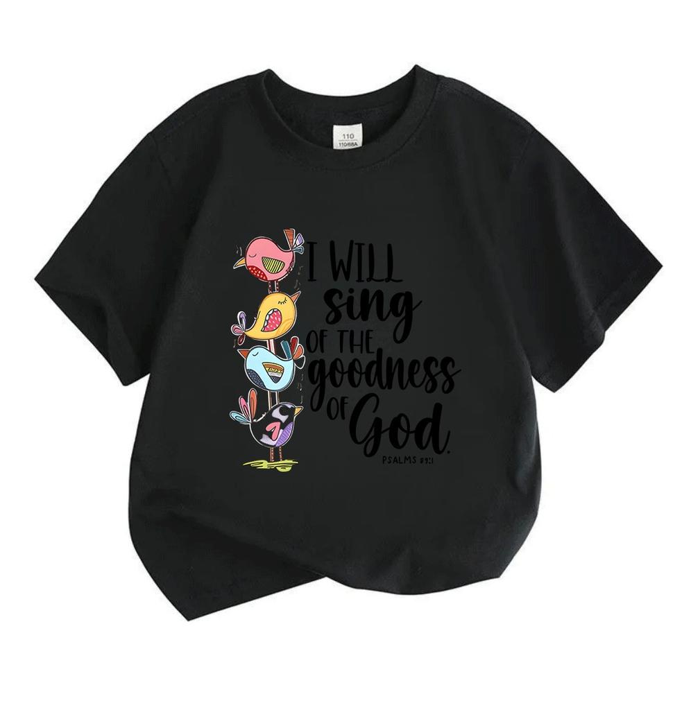Kids Boys Girls 100% Cotton Crew Neck Short Sleeve T-Shirt, I Will Sing of The Goodness God Psalm 101 Cute Stacked Birds Print Casual Summer Tee Tops