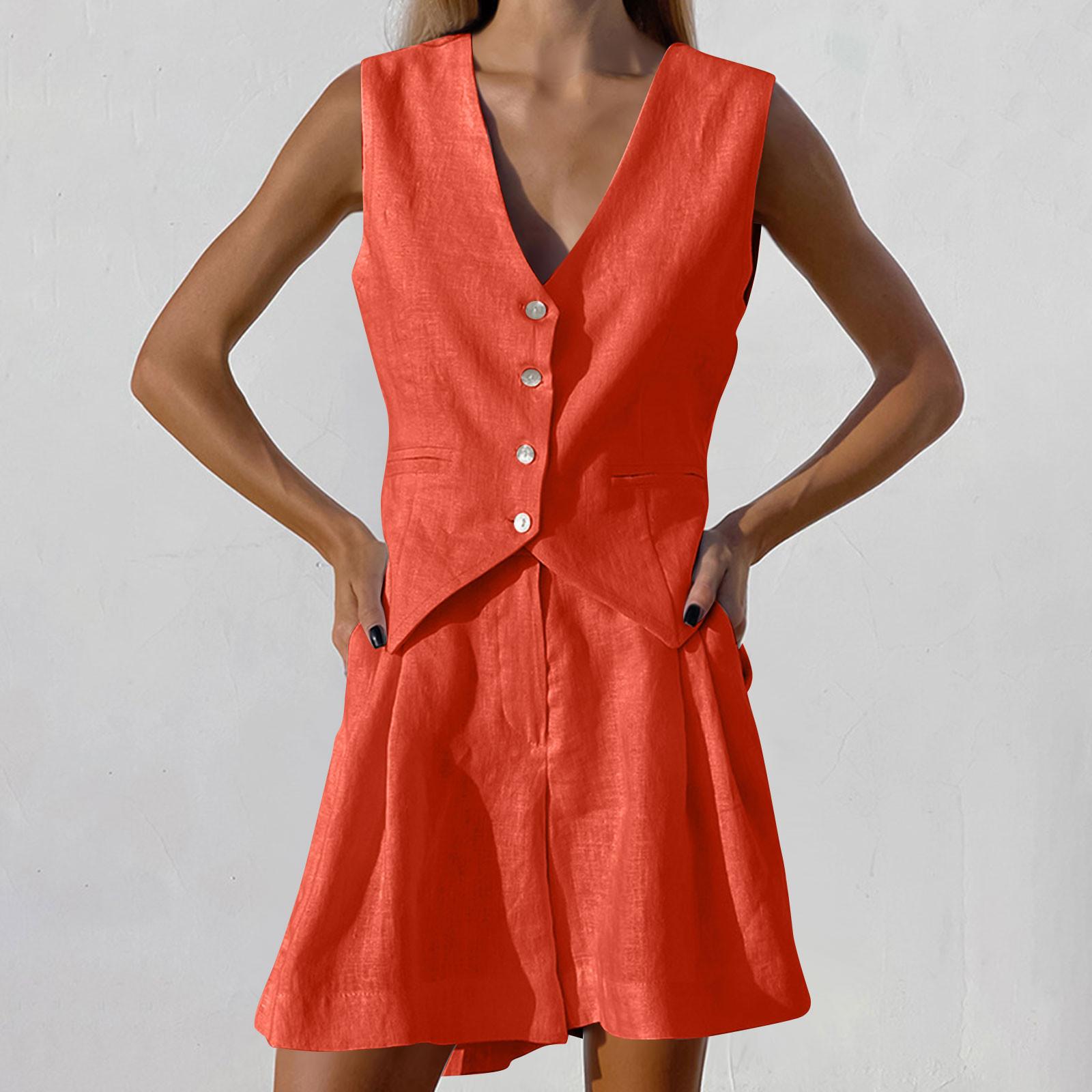 

Женский летний комплект из 2 предметов, однотонная хлопковая рубашка без рукавов на пуговицах, комплект с шортами и топом с v-образным вырезом и шортами с высокой талией S оранжевый