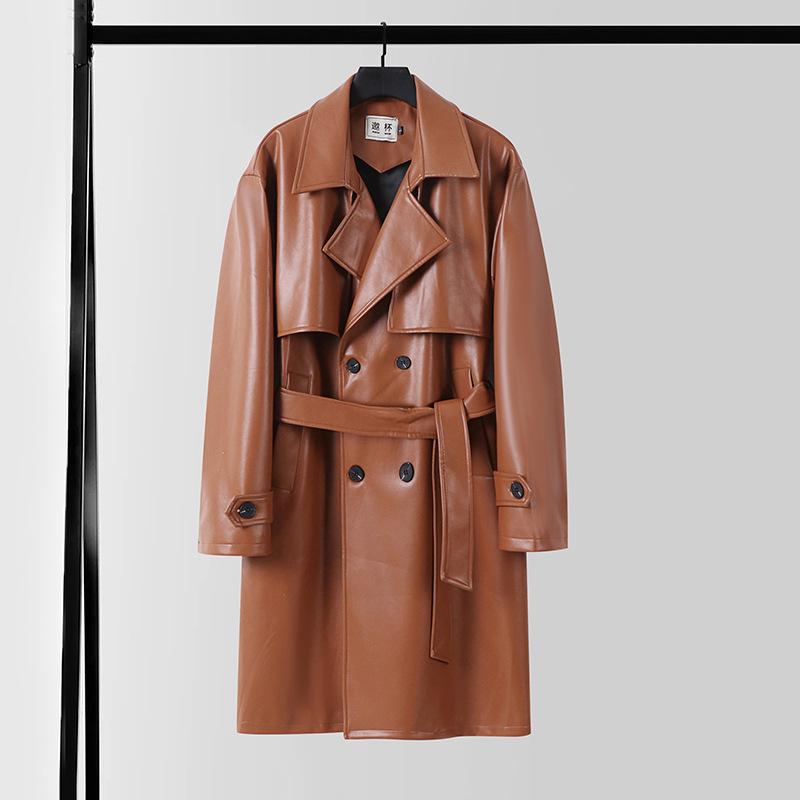 Men's Plus Size High-End PU Leather Knit Trench Coat - Korean Style, Loose, Casual, Spring/Autumn.