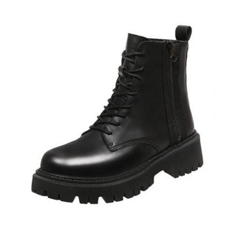British medium boots Martin boots 2021 black handsome short boots PU front lace-up round head low heel thick sole single boots