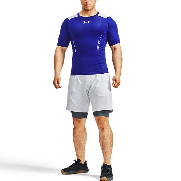 Under Armour Stevig Logo Print Compressie Korte Mouw T-shirt Heren Tops Blauw 1370657-415