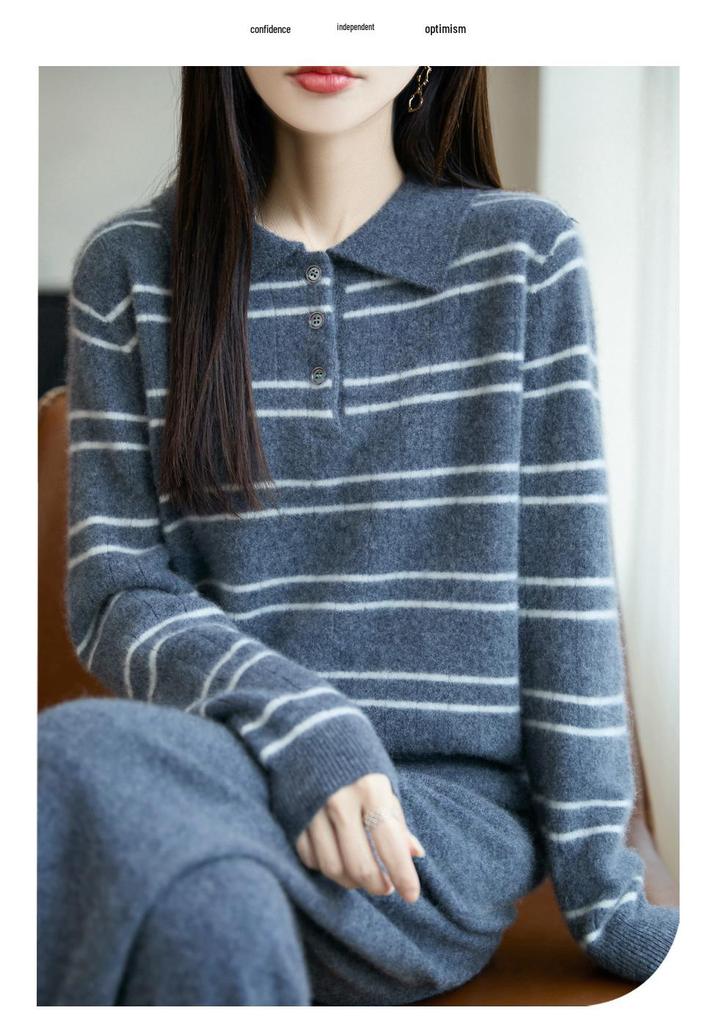 2025 Fall Women's Pure Wool Casual Stripe Polo Collar Long Sleeve Sweater
