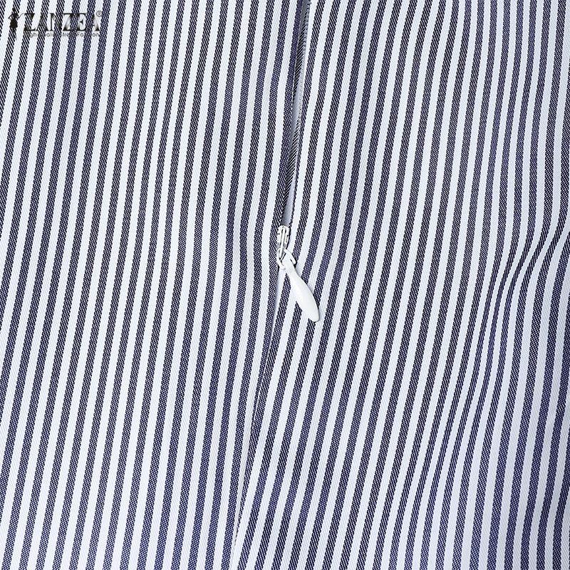 ZANZEA Women Casual Turn Down Collar Summer Short Sleeve Stripe Dress